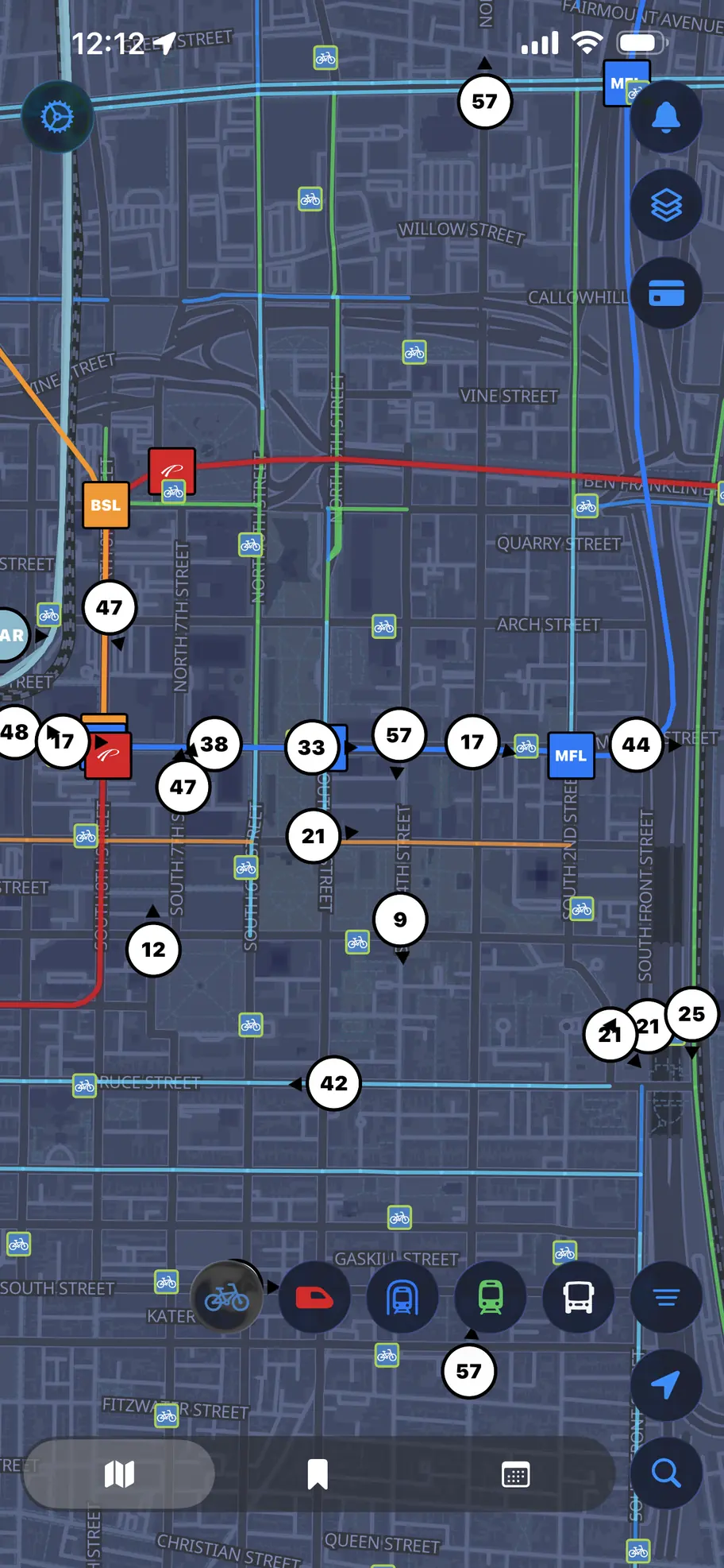 Live map screen showing the whole network