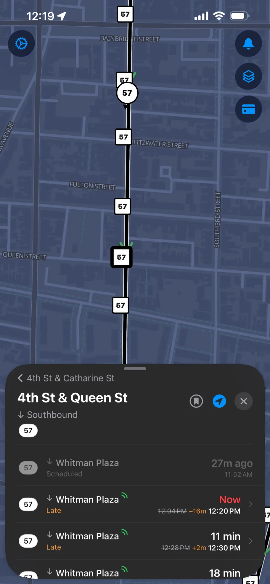 Stop detail screen with live arrival times
