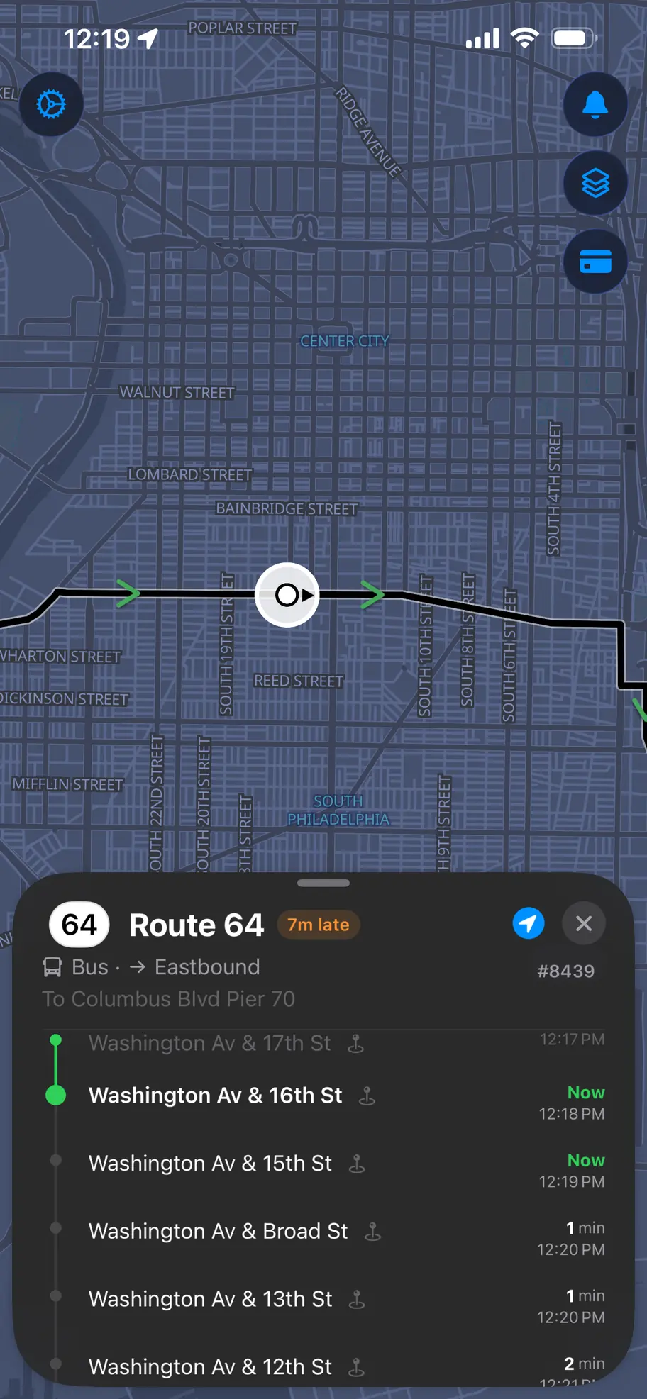 Vehicle detail screen with a stop-by-stop timeline